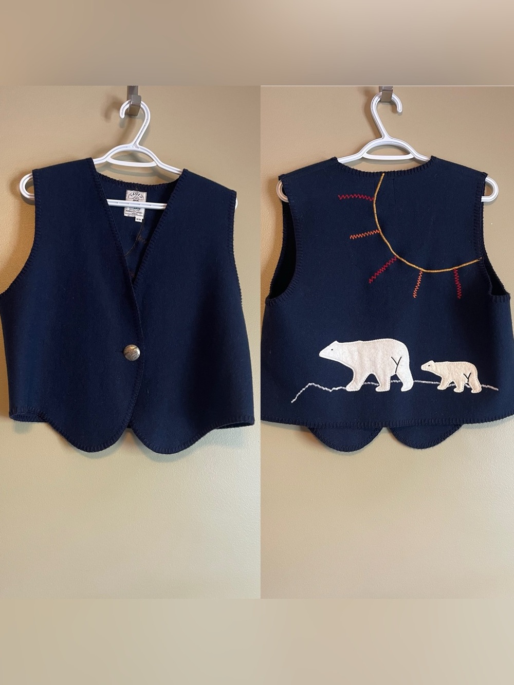 IVALU Wool Vest Applique Design Polar Bear Sun Design Nunavut Canada Unisex